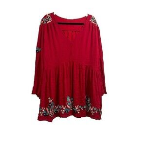 Alter’d‎ State Womens Large Red Embroidered Boho Bell Sleeve Tunic Dress